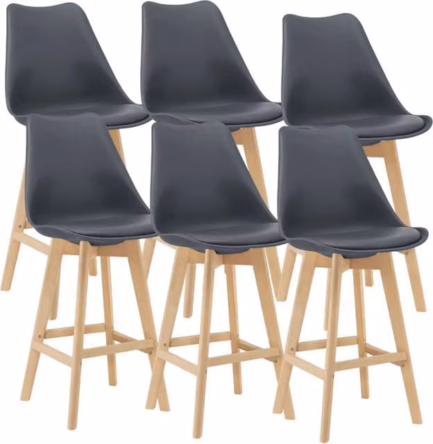 Set di 6 Sgabelli da Bar Lublin en.casa con Seduta Imbottita in Tessuto Grigio e Gambe in Faggio, Altezza: 105 cm, Larghezza: 48 cm, Profondità: 58 cm
