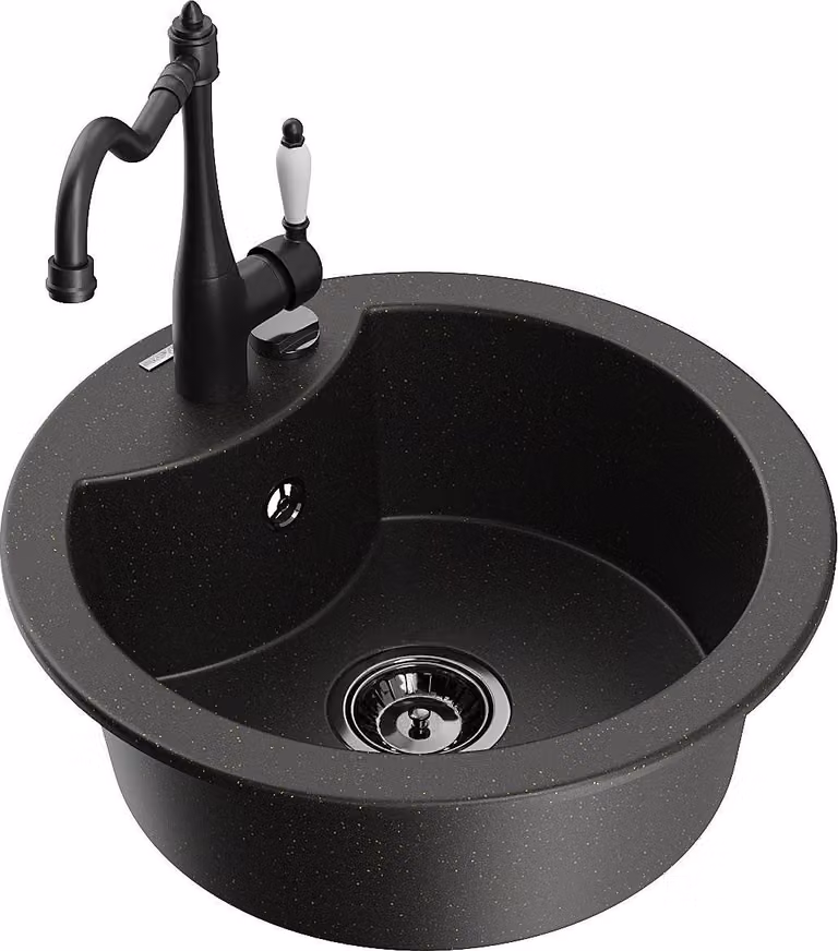 Mexen Diego lavello in granito a 1 vasca con miscelatore da cucina Carla, nero/oro metallizzato - 6512-75-670700-70-B