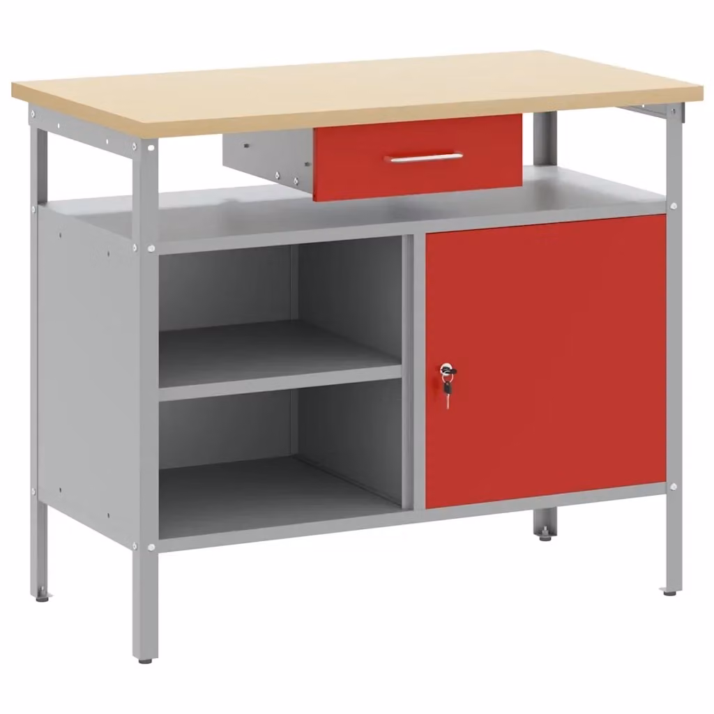 Banco da lavoro con cassetto vidaXL in acciaio e legno, Rosso e Grigio, L: 100 cm, P: 55 cm, H: 85 cm – 2