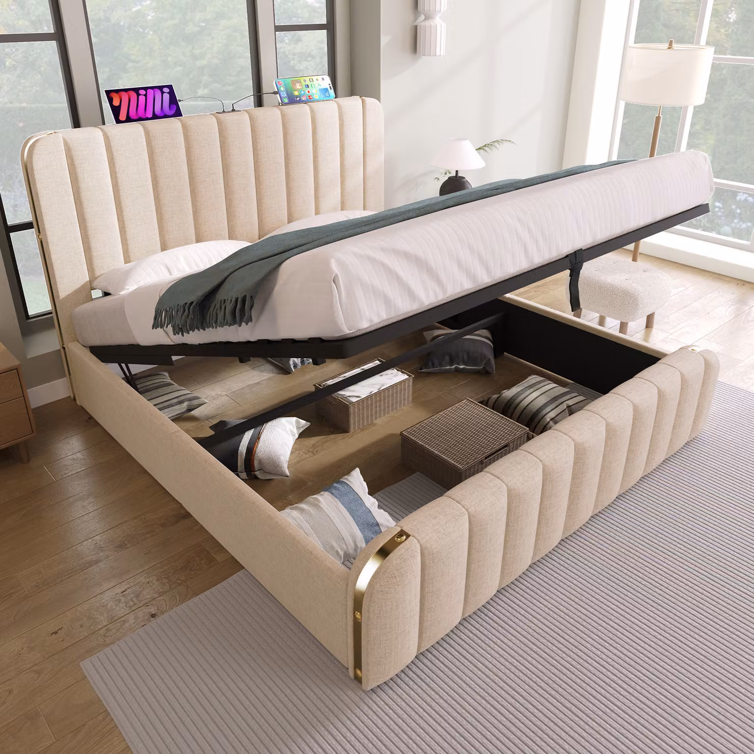Letto imbottito STILVORA, letto matrimoniale 140×200 cm con contenitore e funzione di ricarica USB Type-C, letto a sollevamento idraulico per ragazzi con contenitore, beige (senza materasso)
