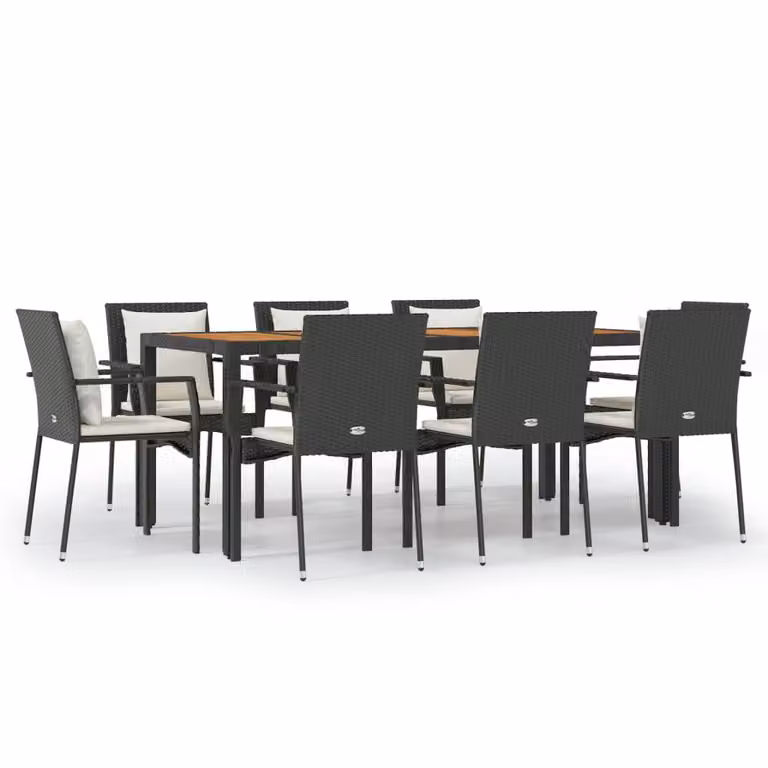 Set da Pranzo da Giardino 9 pz con Cuscini Nero in Polyrattan