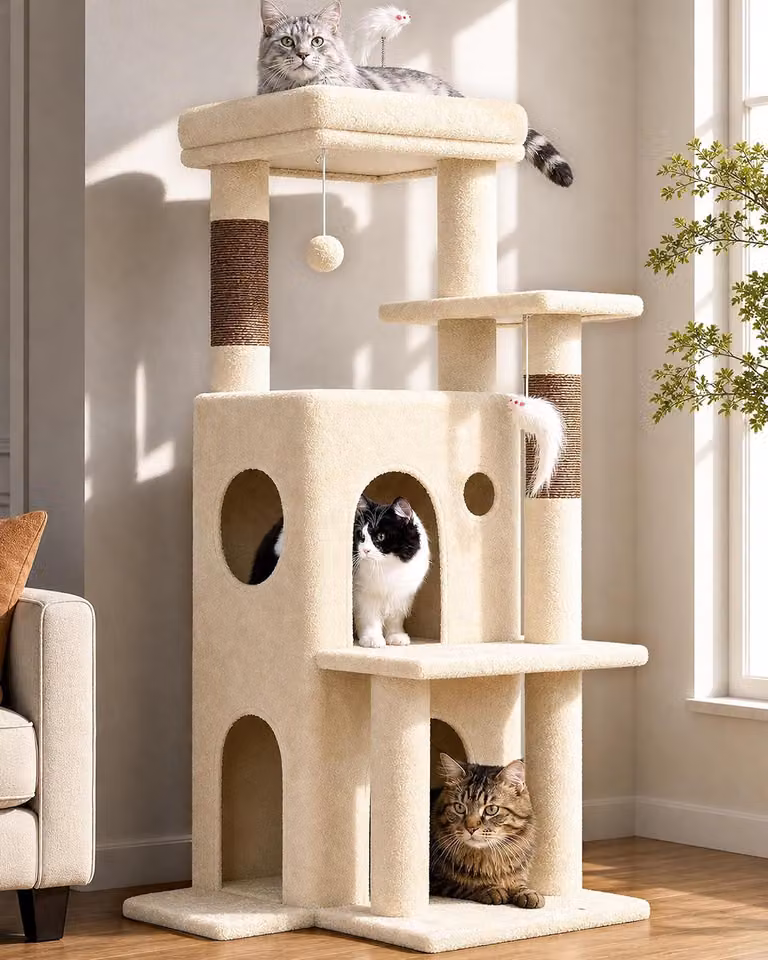 Kratzbaum Katzenbaum, color beige, stabile, con 2 grandi rifugi per gatti, piattaforma, palo imbottito, giocattoli per gatti, tiragraffi, con sistema di sicurezza per evitare cadute
