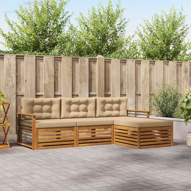 Set di divani da esterno vidaXL a forma di L in legno di acacia con pouf e cuscini, Beige e Marrone