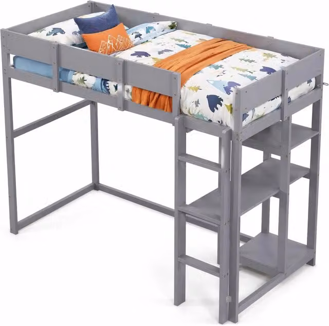 Letto singolo elevato REDOM in legno di pino e MDF con ripiano, colore grigio, L/P/H: 90 x 200 x 160 cm – 1