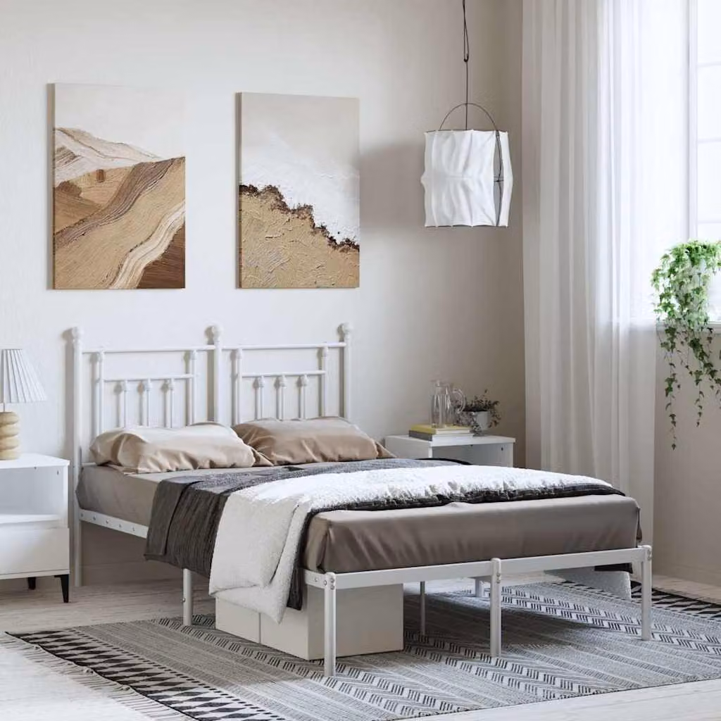 vidaXL Giroletto con Testiera in Metallo Bianco L: 142 cm, P: 196 cm, H: 97 cm