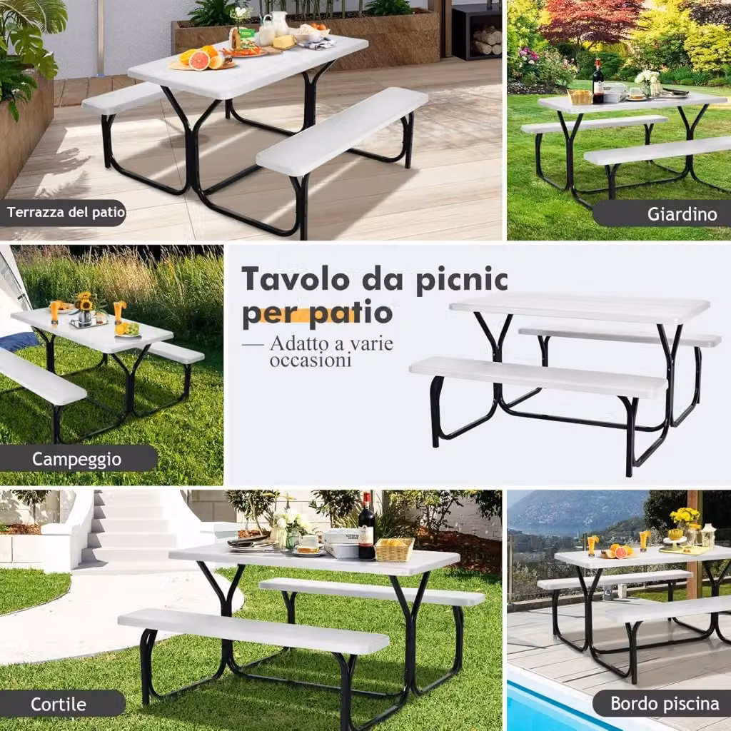 Set Tavolo da Campeggio e 4 Sedie Costway Bianco per Picnic e Giardino L: 137 cm, P: 150 cm, H: 72 cm – 2