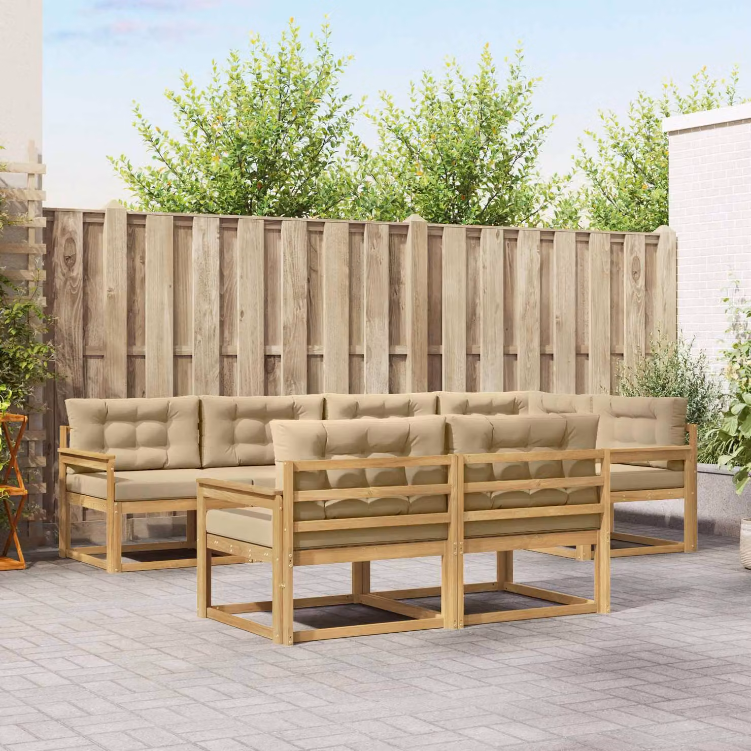 vidaXL Set di divani da esterno a forma di U composto da 6 pezzi in legno di acacia con cuscini in poliestere bianco, beige e marrone