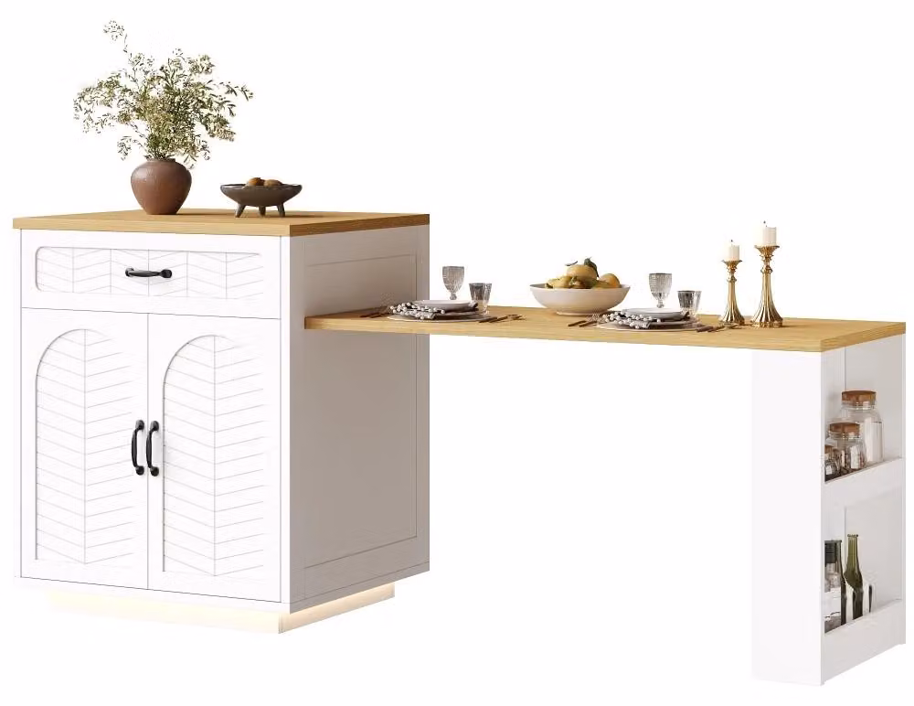 Isola da cucina - Mobile per cucina e bar - Barra luminosa a LED - Tavolo allungabile - 2 cassetti - 4 ante - Bianco
