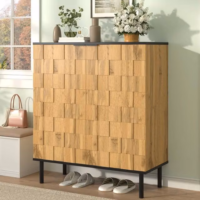 Scarpiera Minimal con 2 Ante e Ripiani Regolabili in Truciolato e Gambe in Metallo, Beige o Marrone, L: 80 cm, P: 35 cm, H: 91,5 cm
