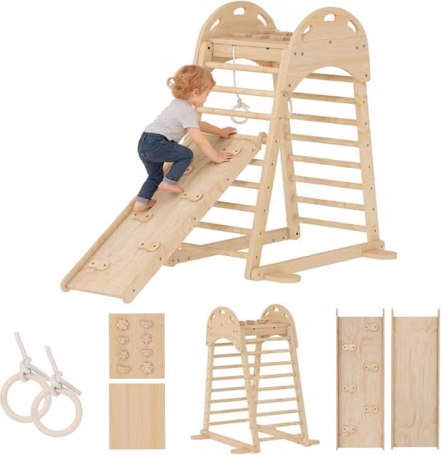Struttura di arrampicata triangolare Montessori con scivolo Minimal in legno naturale marrone L 90 cm, P 90 cm, H 80 cm – 1