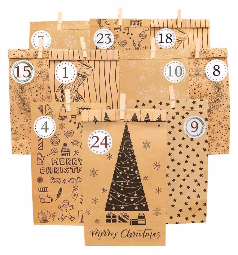 Calendario dell'Avvento da riempire, confezione da 24 sacchetti di carta resistente con numeri adesivi e graffette, dimensioni 23,5x12 cm