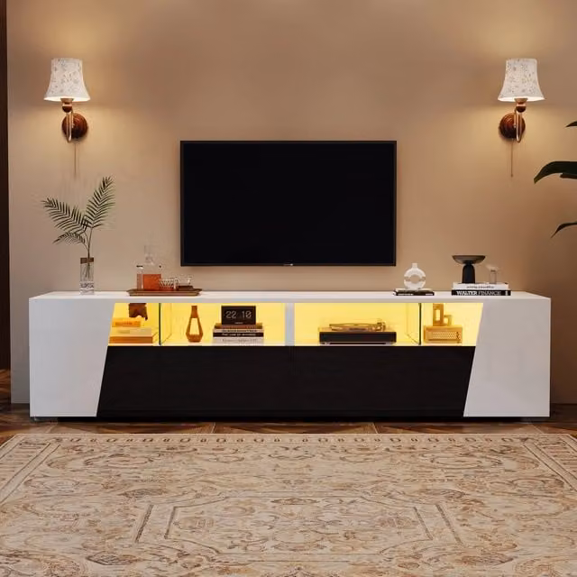 Mobile TV REDOM in MDF e Vetro Bianco e Nero con Illuminazione LED Integrata L: 180 cm, P: 38,5 cm, H: 45 cm