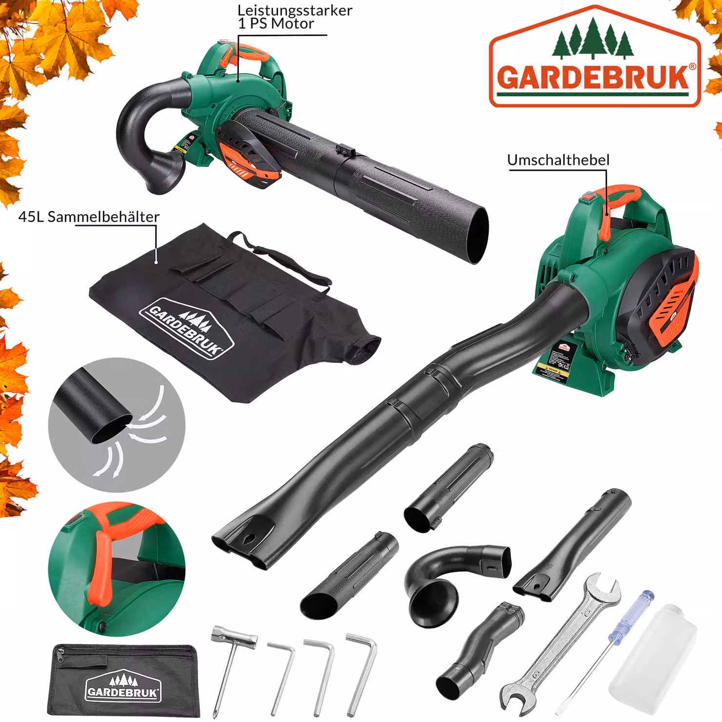 Soffiatore aspiratore a benzina Gardebruk con sacchetto da 45L verde – 3