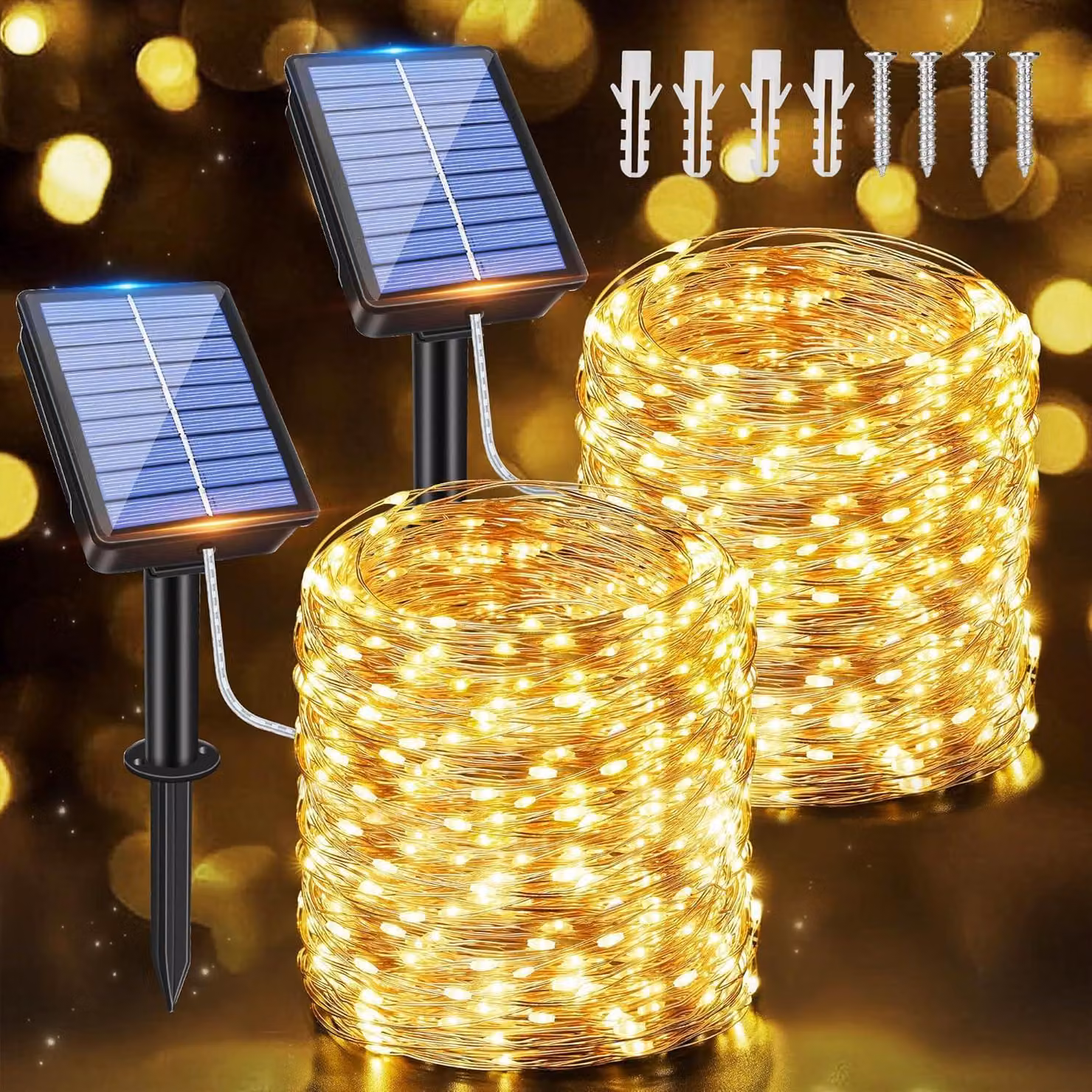 Catena luminosa solare, 2 x 15 metri, 150 LED, grado di protezione IP65, filo di rame, luce bianco caldo