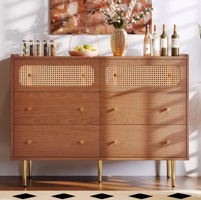 Cassettiera ULEVR 120x40x90 cm con 6 cassetti, 2 frontali in rattan e gambe in metallo, noce
