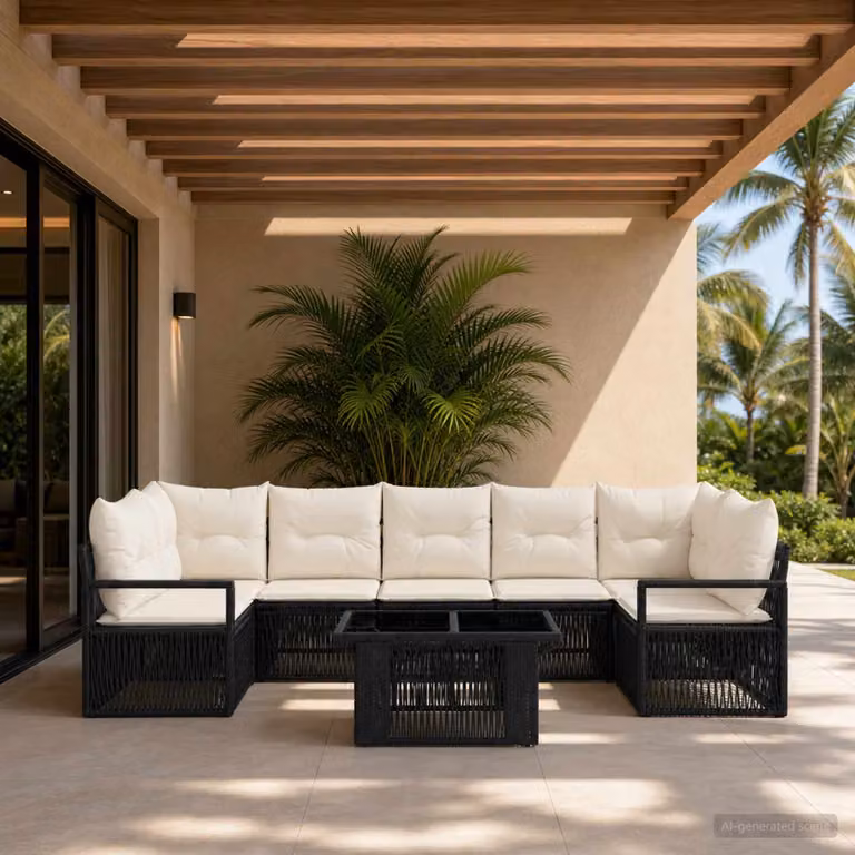 Set Divano da Giardino vidaXL 8 pz in Polyrattan Nero e Bianco Crema con Cuscini Rimovibili e Tavolino