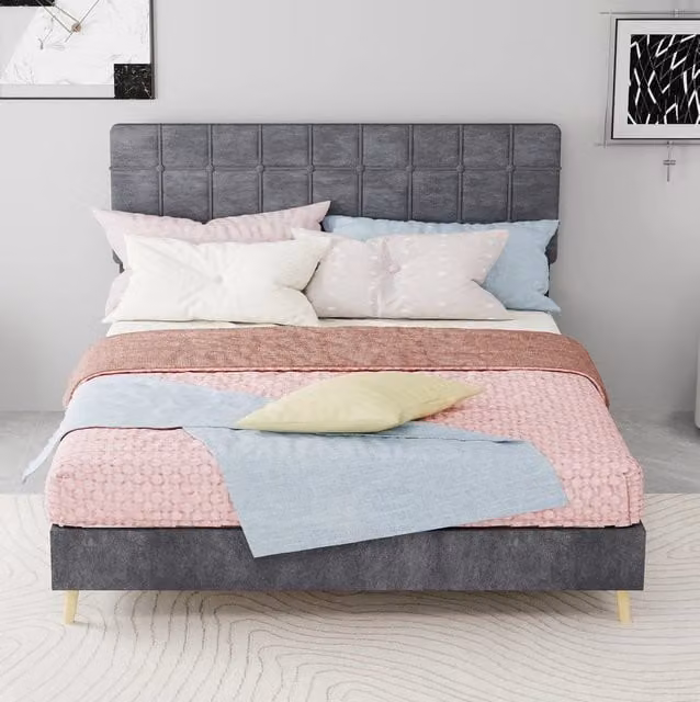 Letto 140x200 cm con testiera trapuntata e gambe in legno in velluto grigio
