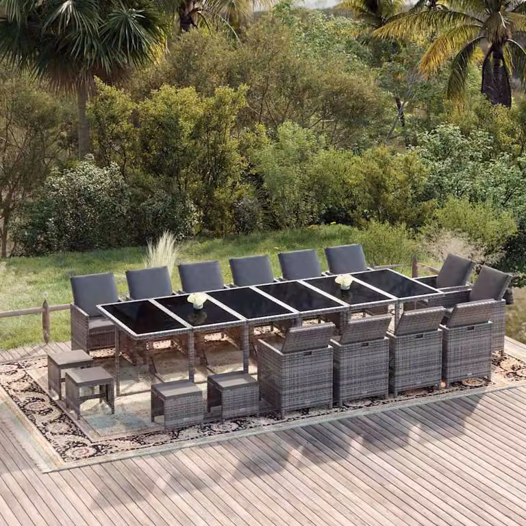 Set da pranzo per giardino vidaXL in polyrattan grigio e nero con 19 pezzi e tavolo in vetro