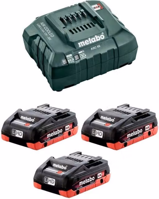 Power Set Metabo verde con 3 batterie 18V 4,0 Ah LiHD e caricabatterie ASC55