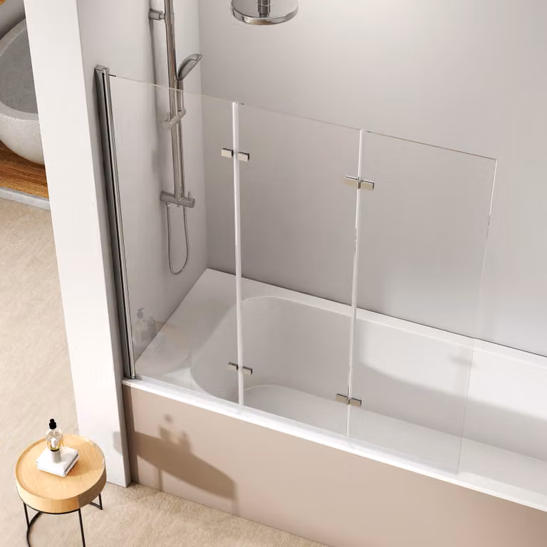 EMKE Cabina doccia Schermo pieghevole per vasca da bagno 120 x 140 cm Vetro di sicurezza ESG nanorivestito Schermo pieghevole per vasca da bagno Schermo doccia Vetro per vasca da bagno