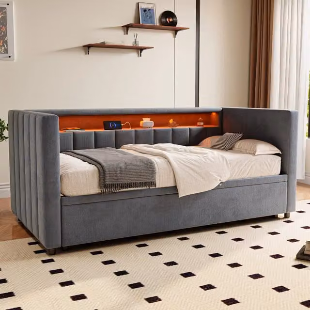 Letto divano estraibile 90×190 cm con USB tipo C, LED regolabile e vano portaoggetti, senza materasso, grigio scuro