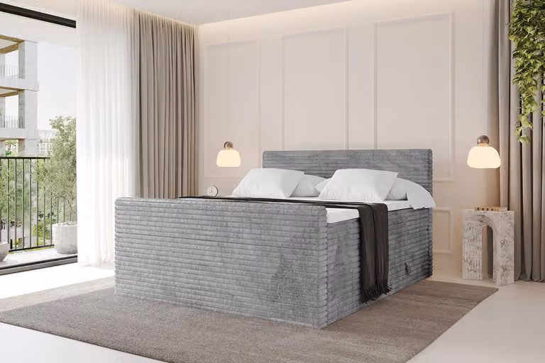 Letto boxspring ALTDECOR con pediera - TOLO-v1-Z KING 200x200 in velluto - Grigio chiaro - Set completo con materassi H3 e H4 e topper, letto imbottito con cassetti, rete a doghe, letto con contenitore, letto matrimoniale, letto a cassettoni