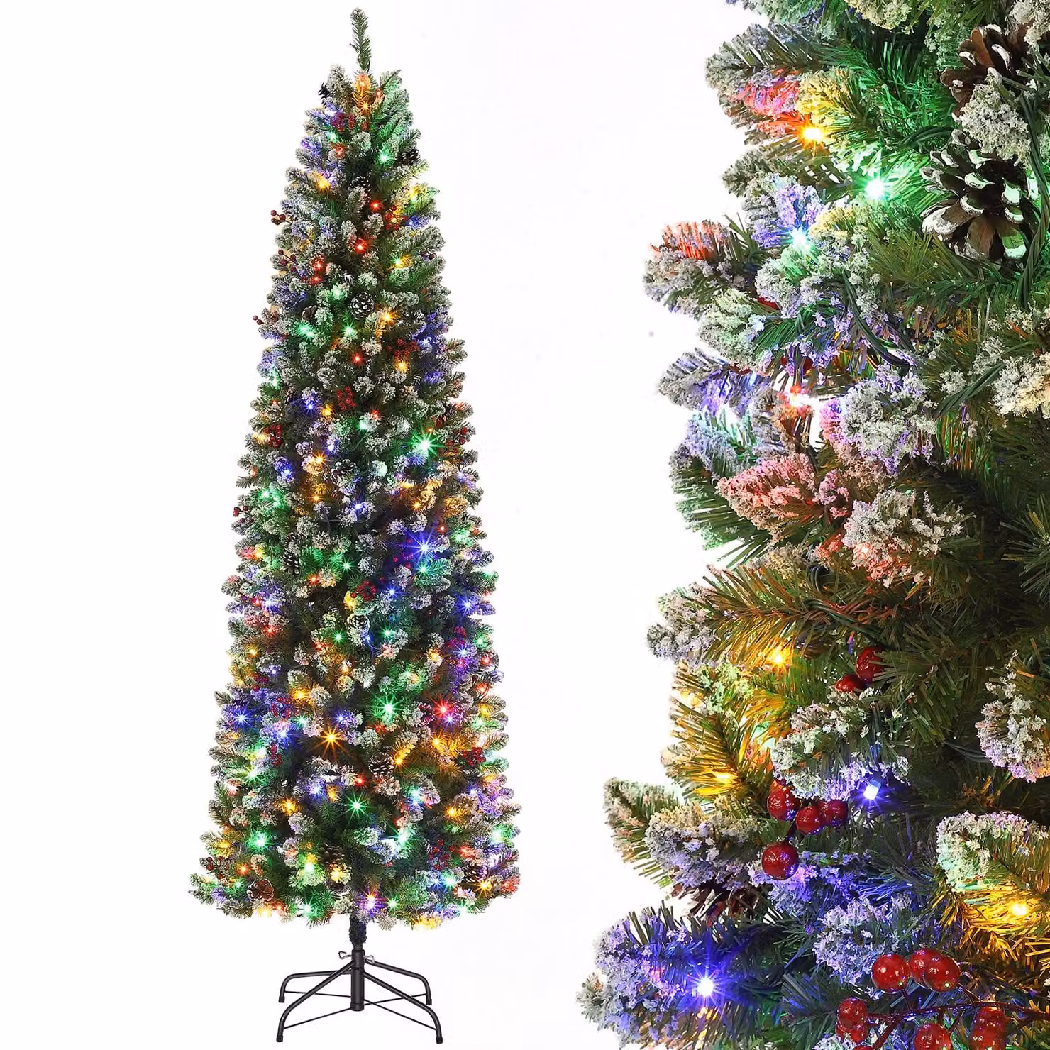 Albero di Natale artificiale, modello slim e stretto, altezza 230 cm, con illuminazione LED (bicolore/bianco caldo), decorato con pigne e bacche rosse. Montaggio con cerniere, base in metallo
