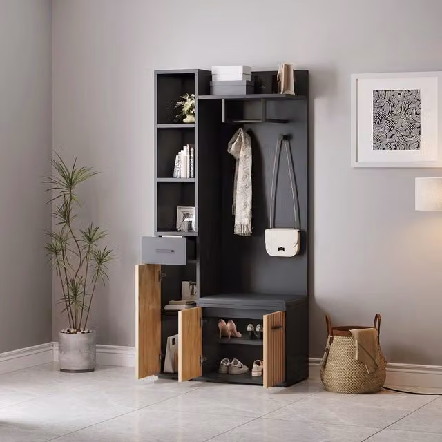 Guardaroba da ingresso con panca imbottita 2 armadietti e cassetto nero e legno naturale 80 × 35 × 175 cm