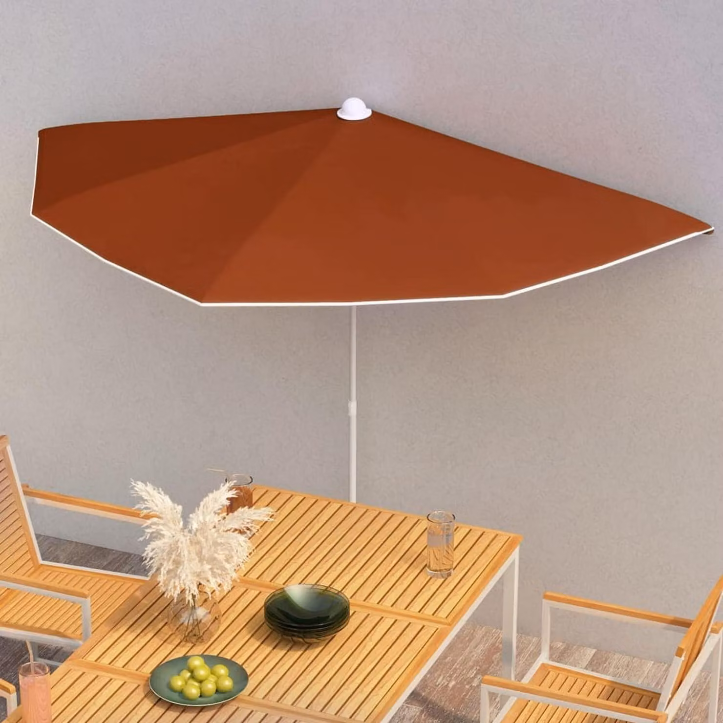 Ombrellone semicircolare, 180x90 cm, colore terracotta, realizzato in poliestere