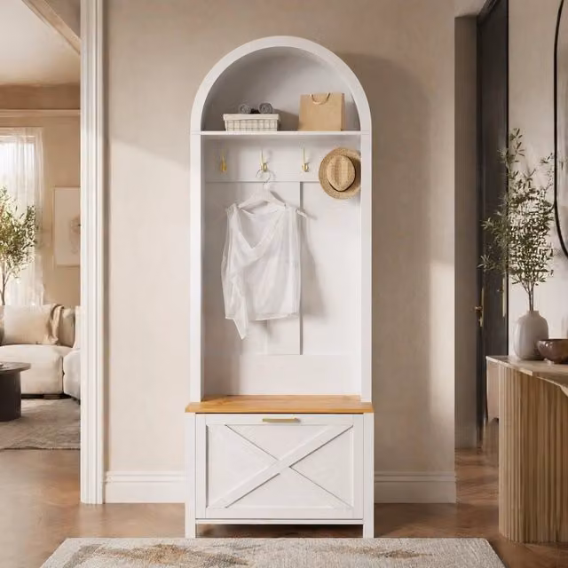 Guardaroba da ingresso Mivray con panchina, ganci e ripiani in MDF bianco e color legno, L: 75 cm, P: 35 cm, H: 195 cm