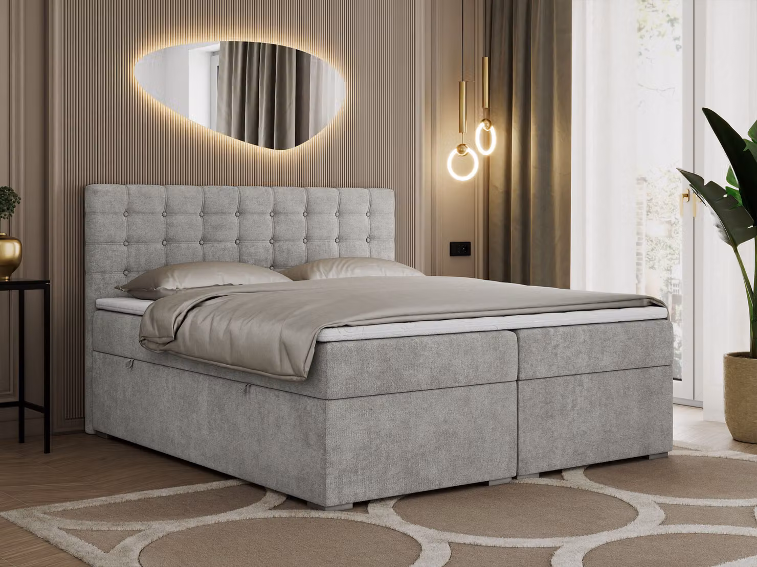 Letto con boxspring 120x200 con contenitore, letto 120x200 con materasso e topper - SUSAN - 120x200 - Grigio chiaro - Struttura - H4