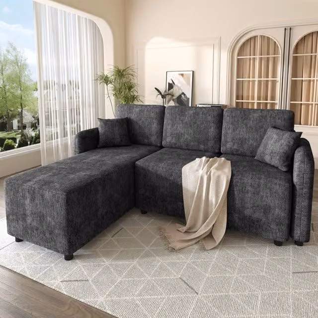 Divano angolare 3 posti con chaise longue ¨C Minimal ¨C Tessuto chenille grigio tortora, 2 cuscini, 144cm