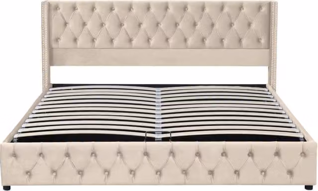 Letto matrimoniale imbottito beige 160x200 cm con contenitore idraulico e rivestimento in velluto