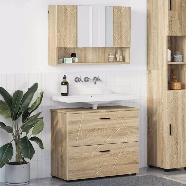 Set di mobili per il bagno moderno vidaXL composto da mobile lavabo e armadietto con specchio, colore marrone, L: 76,5 cm, P: 35 cm, H: 64 cm