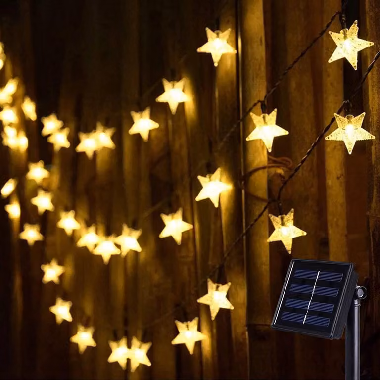 Catena luminosa solare con 120 LED, lunghezza 15 metri, forma a stella, luce bianco caldo, resistente alle intemperie, 8 modalità