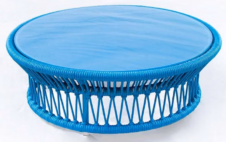 Casa Padrino Luxury Garden Table Blue Ø 100 x H. 34 cm - Tavolino da salotto intrecciato a mano resistente alle intemperie con piano in vetro - Mobili da giardino - Collezione Luxury