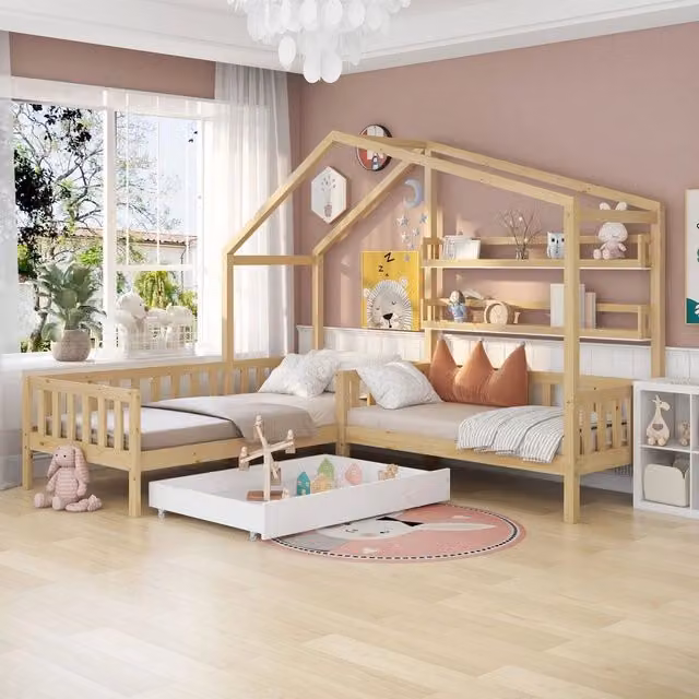 Letto Casetta per Bambini con Cassetti e Doghe ¨C MINIMAL ¨C Legno Massello Naturale 90x200 + 140x70