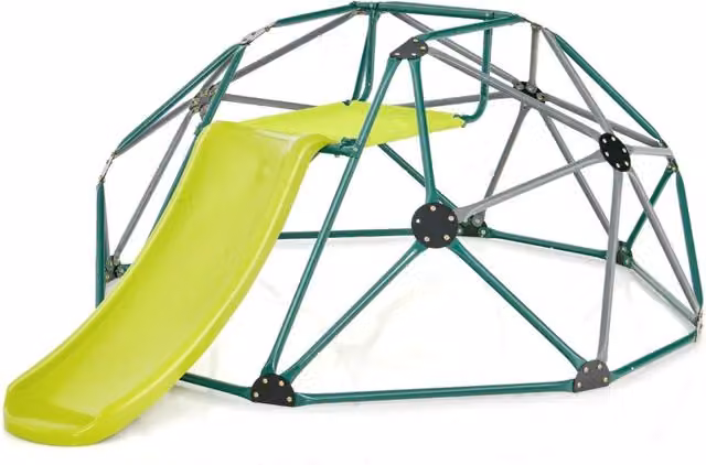 Cupola di arrampicata con scivolo per 3 bambini, struttura in metallo e tessuto verde per area giochi interna o esterna, L: 241,5 cm, P: 183 cm, H: 91,5 cm
