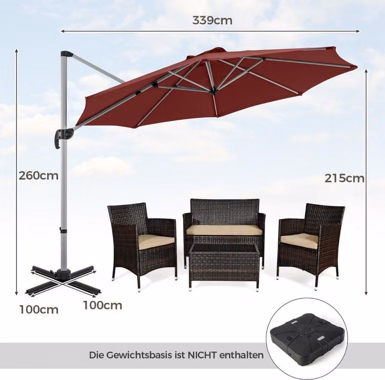 Ombrellone Ø 330 cm con manovella & UPF 50+ e Ombrellone da giardino a sbalzo girevole a 360° rosso