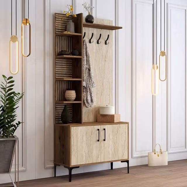 DMORA Mobile da Ingresso Moderno con Appendiabiti e Ripiani, Beige, L: 90 cm, P: 35 cm, H: 200 cm