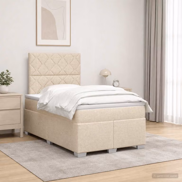 Letto box spring vidaXL con materasso a molle insacchettate in tessuto beige e bianco L/P: 120 x 200 cm