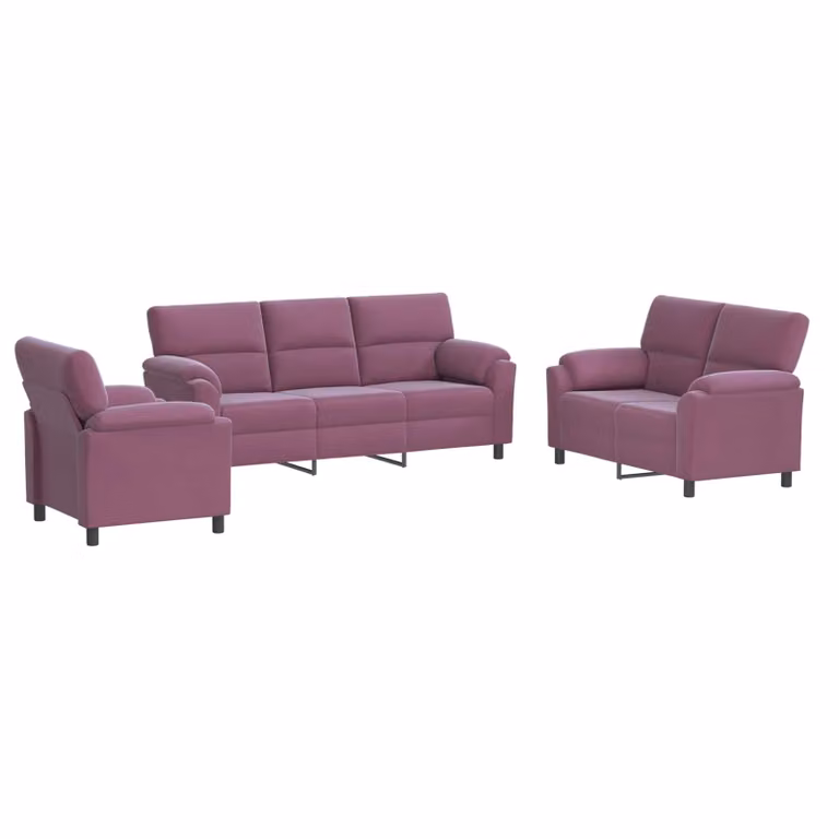 Set di divani moderno vidaXL in velluto viola con struttura in metallo, composto da un divano a 3 posti, un divano a 2 posti e una poltrona