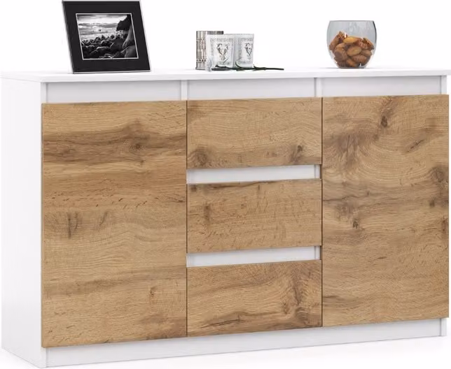 VBChome Comò 120 x 35 x 75 cm con 3 cassetti e 2 ante Bianco - Rovere Wotan Comò senza maniglie Armadio multiuso per corridoio Camera da letto