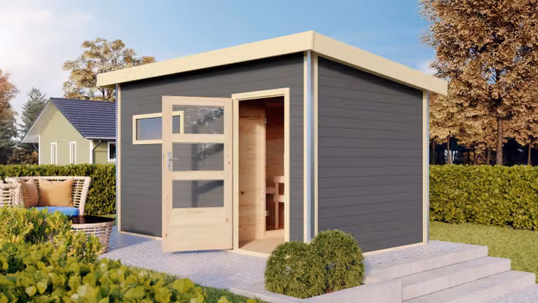Sauna da giardino in legno Karibu / Casa della sauna "Skrollan 3" grigio terra 396 x 231 x 227 cm (L x P x A) senza riscaldatore con porta in vetro trasparente, finestra quadrata