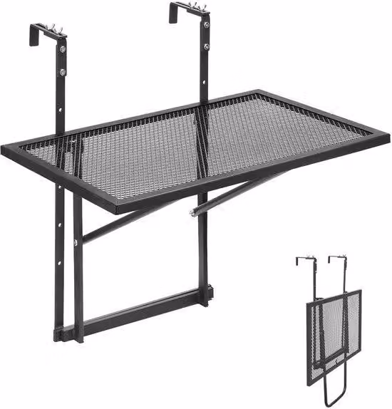 Tavolino da balcone sospeso - Tavolino pieghevole per ringhiere - Dimensioni 61x41 cm - Regolabile in 5 posizioni - Metallo - Adatto per ringhiere da 2,5 a 12 cm