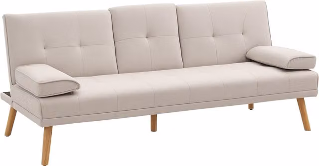 Divano Letto 3 Posti HOMCOM con Rivestimento in Tessuto Effetto Lino, Reclinabile con Tavolino a Ribalta e Poggiatesta Regolabile, Beige