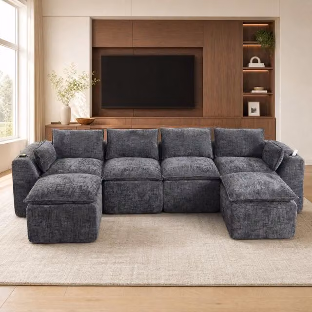 Divano modulare in ciniglia grigio scuro con tasche laterali; 322x161x75 cm