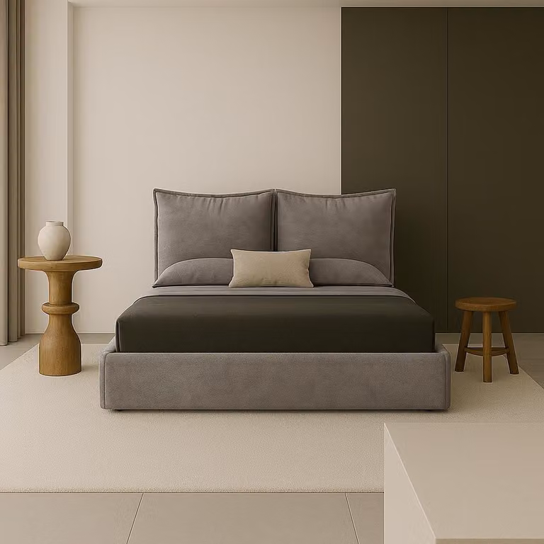 Letto matrimoniale imbottito Sofello, grigio, con cuscini sfoderabili tramite cerniera, superficie letto 160 cm x 200 cm, testiera morbida e confortevole in velluto.