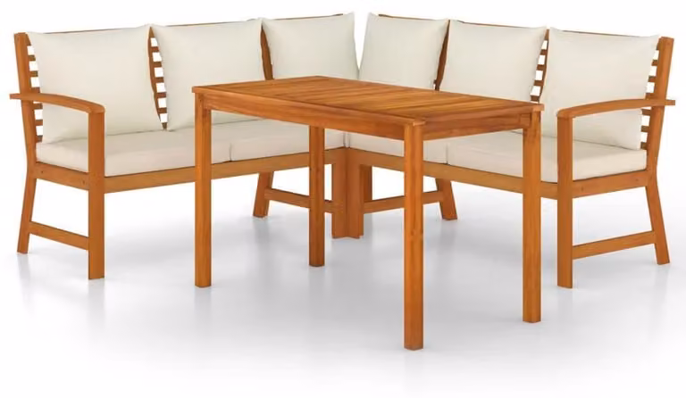 Set da giardino per 4 persone, realizzato in legno di acacia massello, con cuscini color crema
