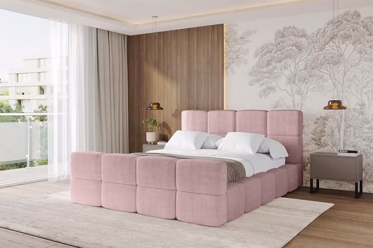 Letto imbottito ALTDECOR con contenitore - NATA-Z 120x200 Rosa, letto con testiera, letto contenitore senza materasso, letto matrimoniale con spazio contenitivo